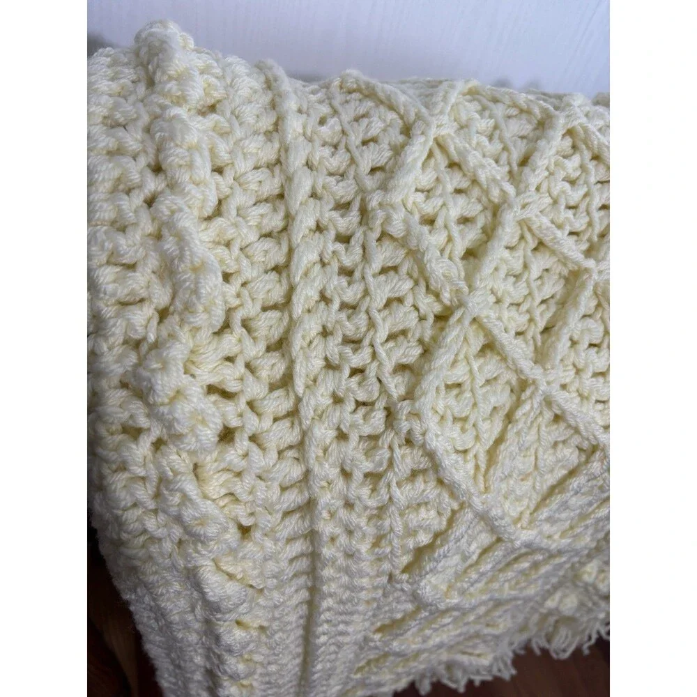 Crochet Afghan Throw Blanket Yellow 3D Nolan Aran Diamond Bobble Fringe Handmade